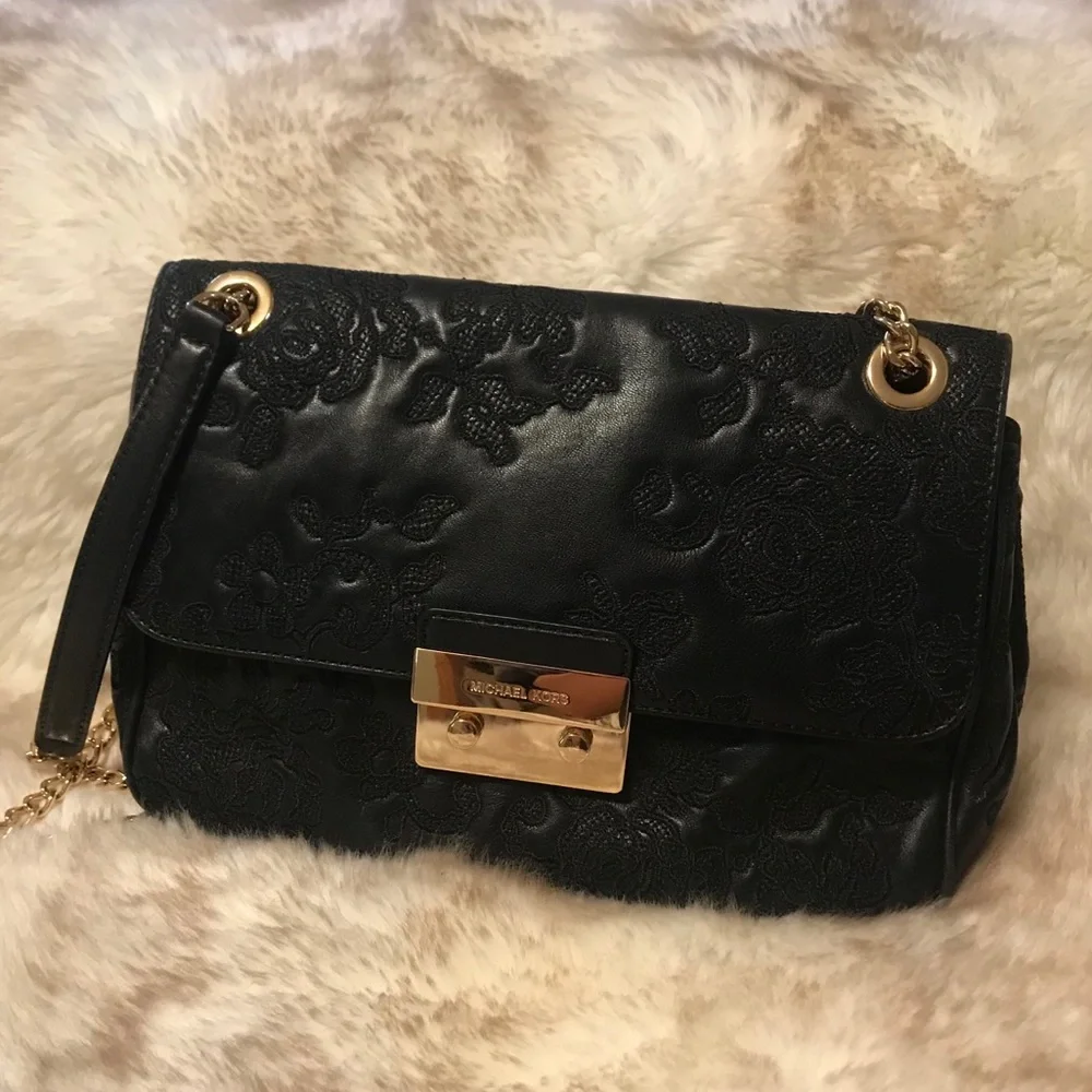 Michael Kors Black Embossed Leather Shoulder Bag with Gold Hardware
